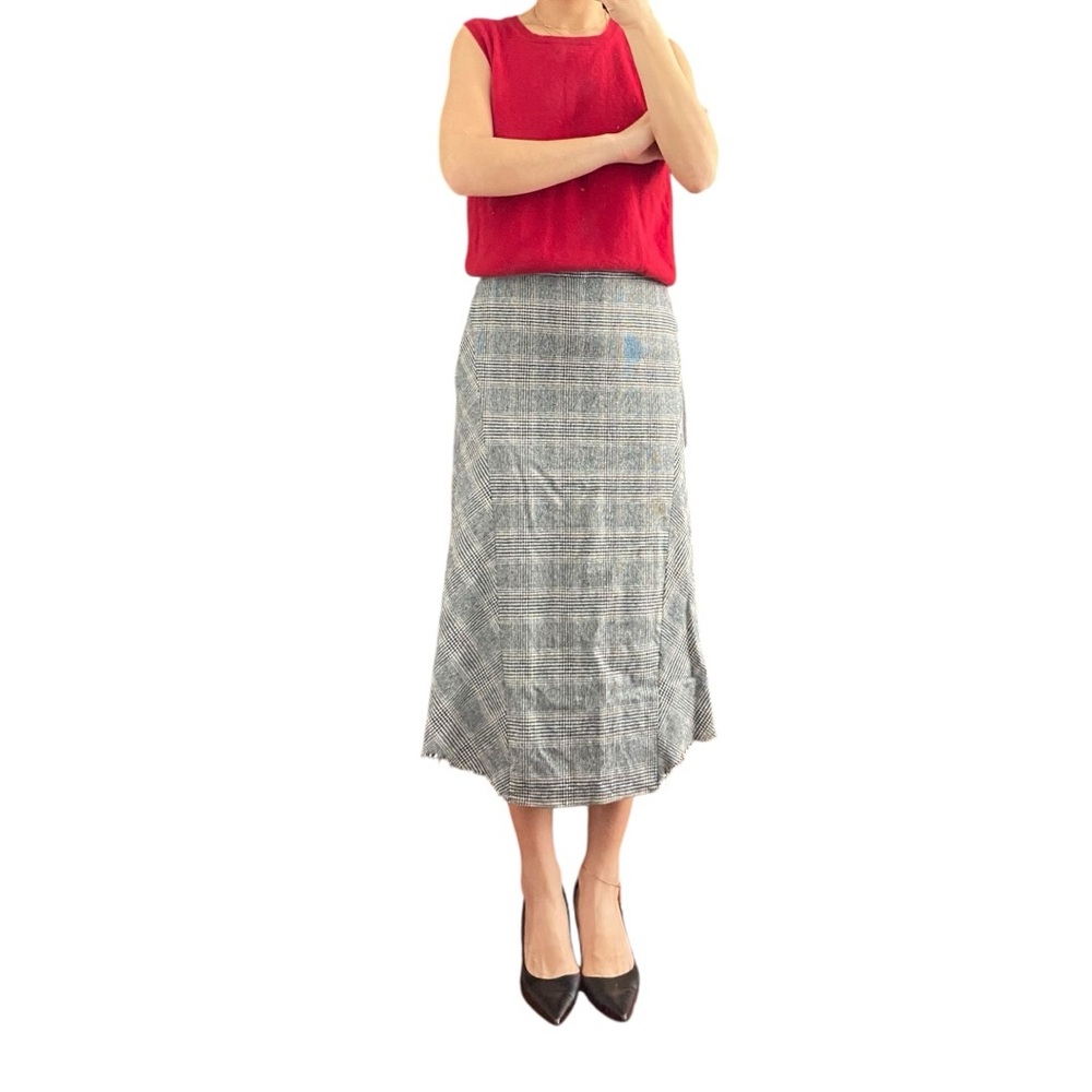 Massimo Dutti Raw Hem Midi Gray Plaid Skirt Size US 6